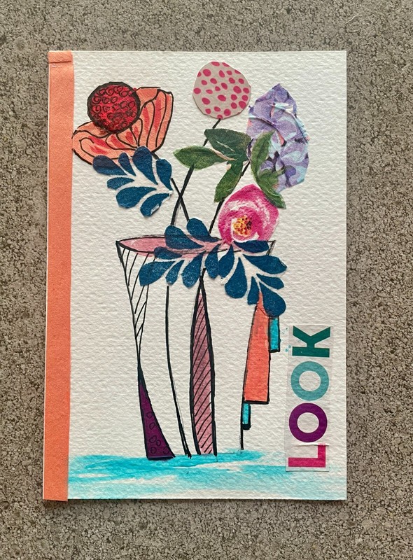 6 x 4 ORIGINAL COLLAGE  ART PAINTING FLORAL BOUQUET