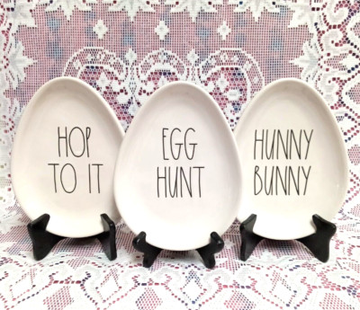3 RAE DUNN Egg Shape Appetizer Snack Plates HOP TO IT Hunny Bunny EGG HUNT 8 x 6
