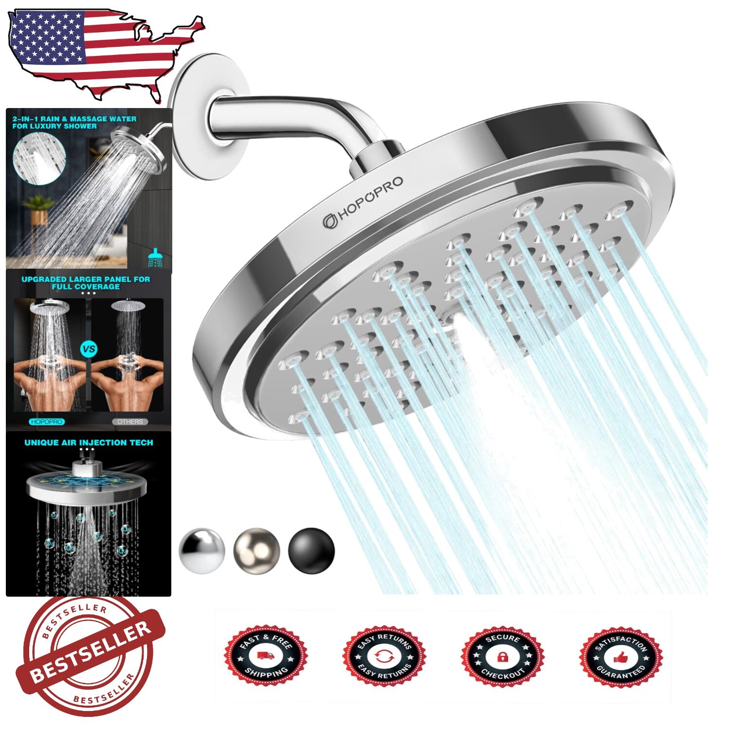 Chrome High Pressure Rainfall Shower Head – Tool-Free Installation & 2-in-1 Flow