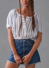 Anthropologie Pilcro Puff Sleeve Blue Motif Short Sleeve Crop Blouse Size XL NWT