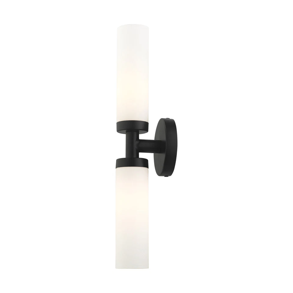 Aplique de tocador doble en color negro con elegantes cilindros de vidrio opalino para un atractivo moderno Foto 4 de 4