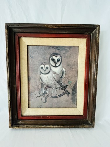 Vintage Print Richard Hinger Barn Owls Wood Glass Frame Country Farm House