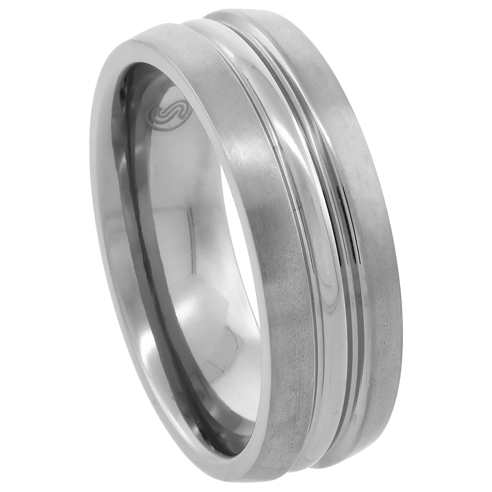 7mm Titanium Wedding Band Ring, Polished Convex Center Matte Edges Comfort Fit-image
