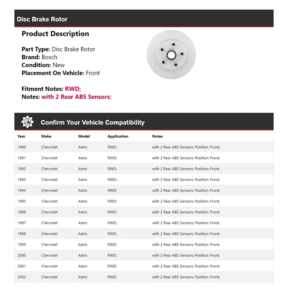 For 1990-2002 Chevrolet Astro RWD Bosch QuietCast Disc Brake Rotor Front 1991 - Image 2 of 4