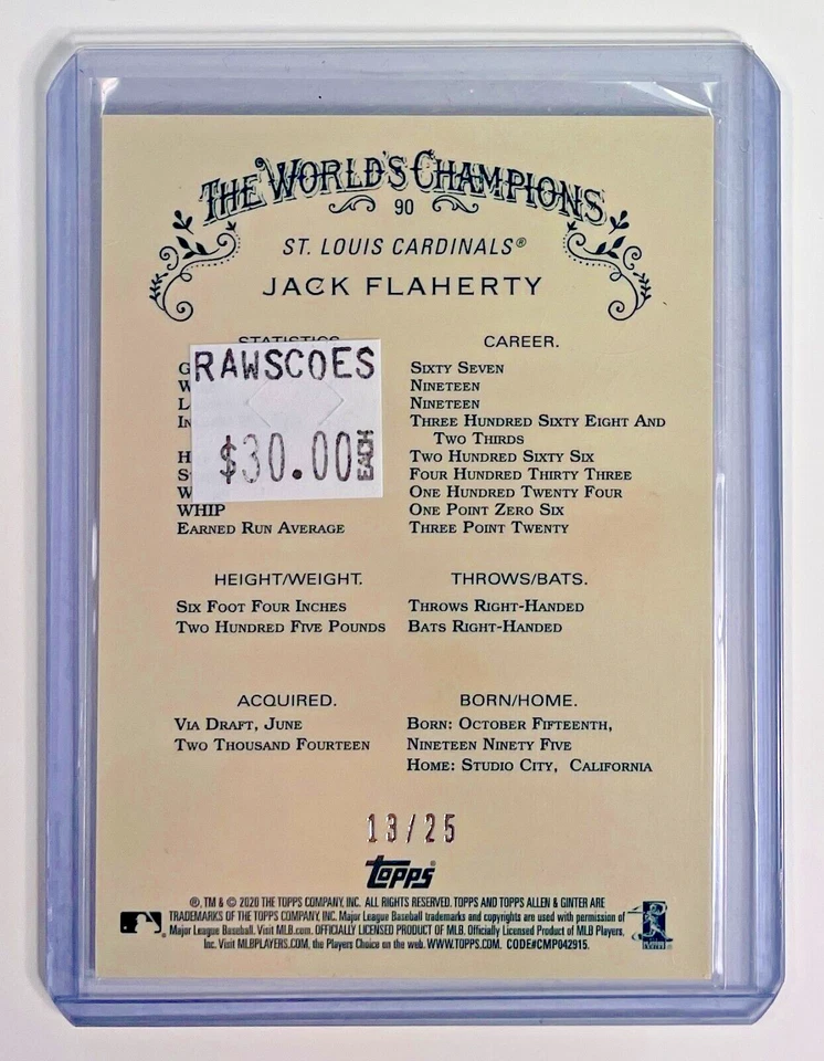 2020 Topps Allen and Ginter Chrome Orange Refractor #90 Jack Flaherty /25 - Image 2 of 2