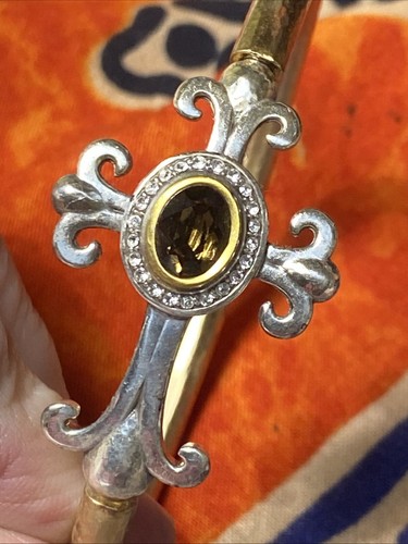 Brighton Bracelet Bangle Hinged Cross Hammered Two Tone Amber With Crystal - Picture 12 of 13