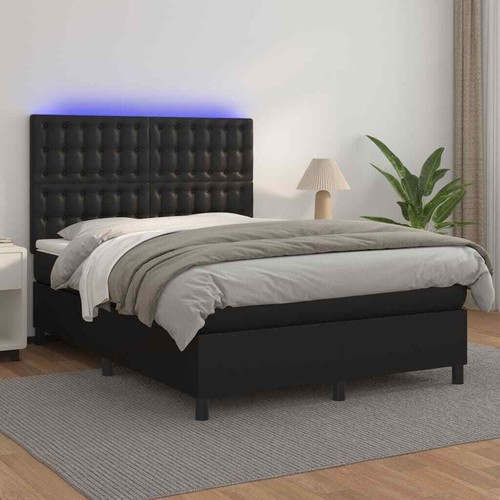 Box Spring Bed with Mattress & LED Black 137x187 cm Double Size Faux