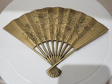 Vintage Solid Brass Phoenix Bird Dragon Asian Fan Wall Hanging Decor 9in"