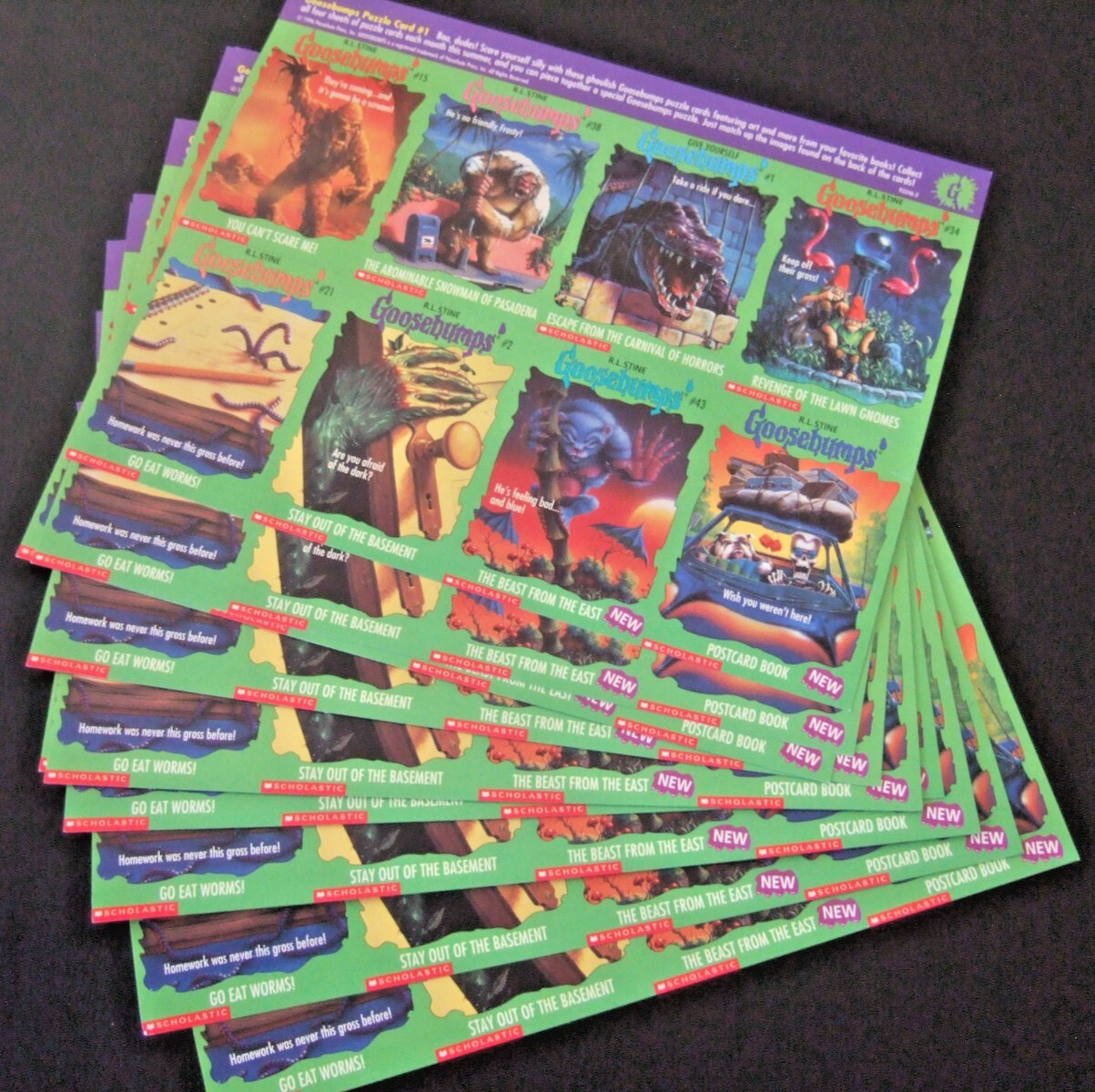 VINTAGE  1996  SCHOLASTIC GOOSEBUMPS PUZZLE CARD #1    10 TRADING CARDS SHEETS