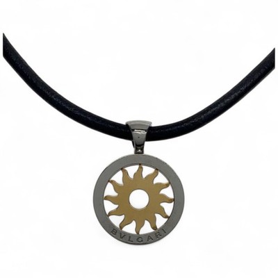 BVLGARI Tondo Sun Necklace K18YG SS Pendant Leather Choker 45cm