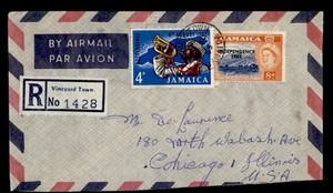 DR WHO 1963 JAMAICA REGISTERED OVPT VINEYARD TOWN AIRMAIL TO USA R28673