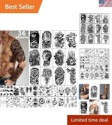 36 Sheets Temporary Tattoos Stickers, 12 Sheets Fake Body Arm Chest Shoulder... - product listing photo