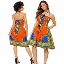 African Dashiki Print Halter Dress Women  s Orange Knee Length Summer Sundress