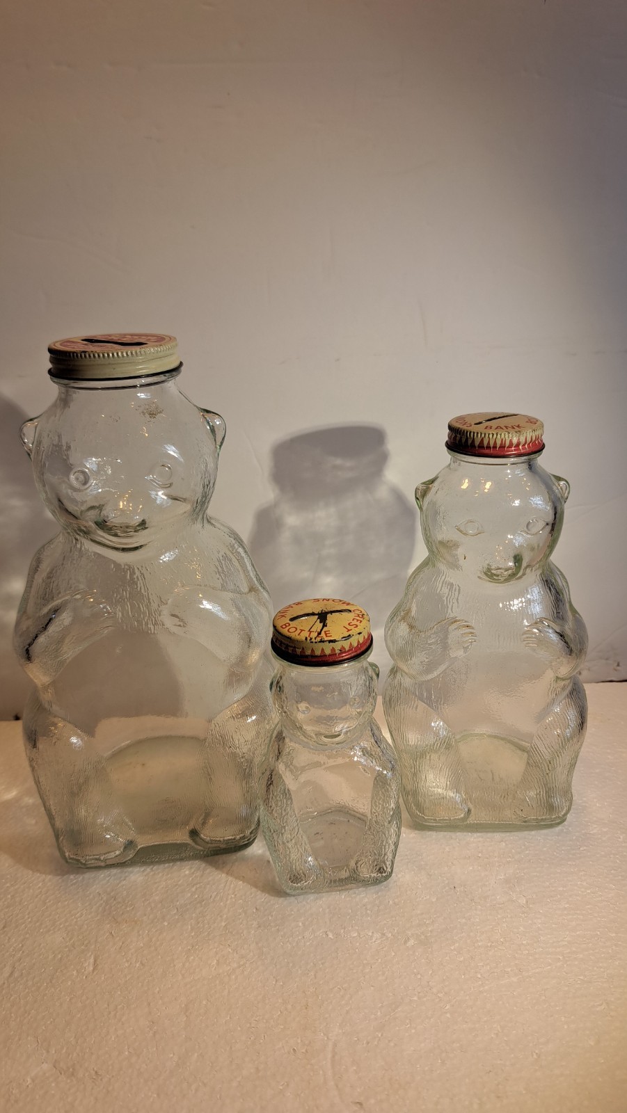 1950's Snow Crest BEAR Coin Banks - Papa, Mama, & Baby Bear Glass Syrup Bottles