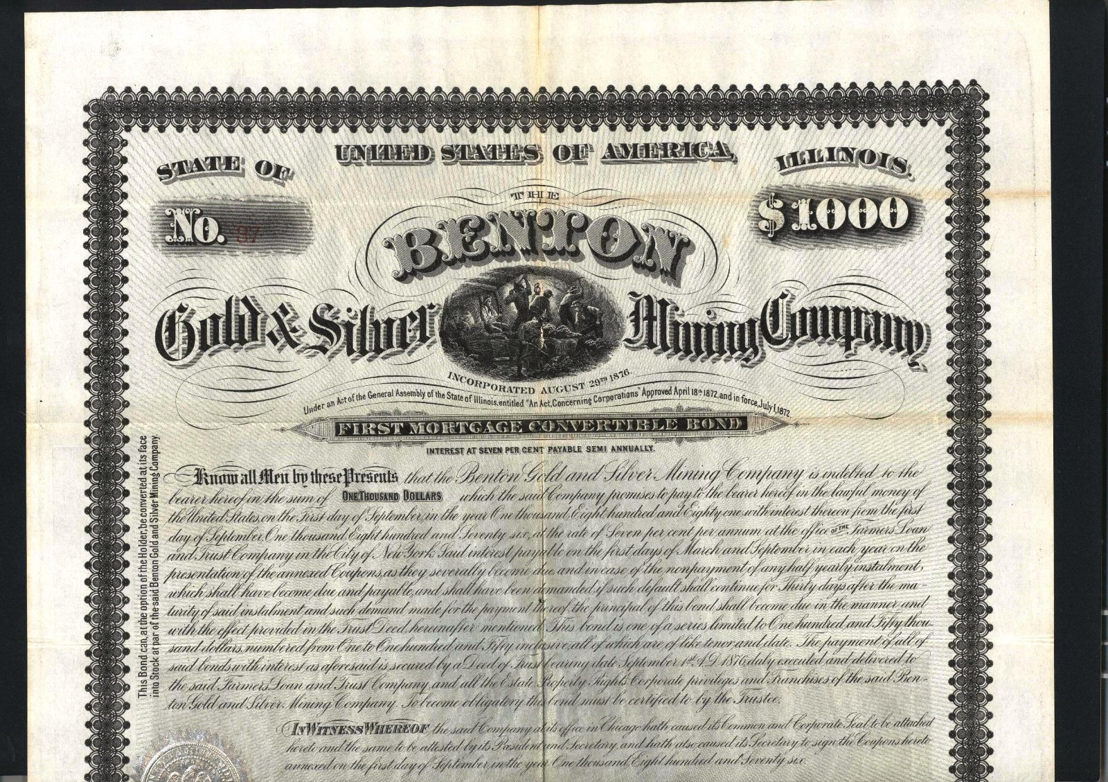 1876 Georgetown Colorado Terr - Benton Gold & Silver Mining Co Stock Certificate
