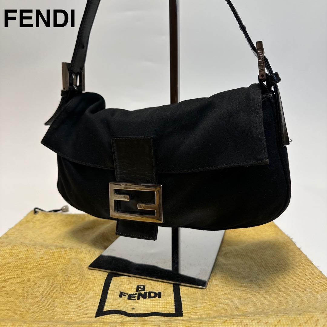 Fendi Black Cotton Mamma Baguette Shoulder Bag Luxury Designer Handbag