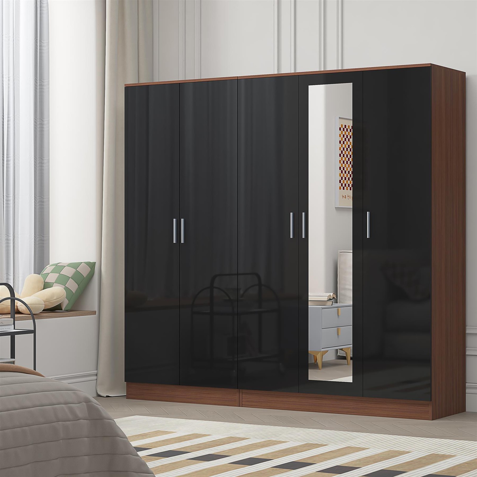 REFLECT 3 Door Mirror + 2 Plain Door Wardrobe Bundle - Black/Walnut - Image 3