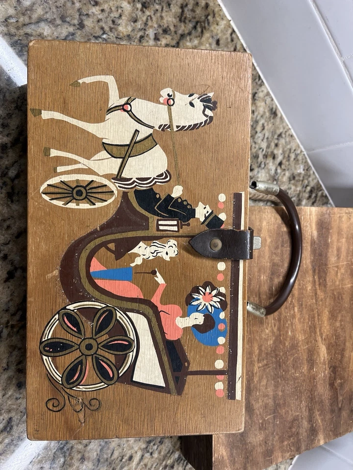 Antiga bolsa de mão de madeira anos 60 Enid Collins Of Texas caixa carruagem comércio cavalo - Imagem 4 de 4