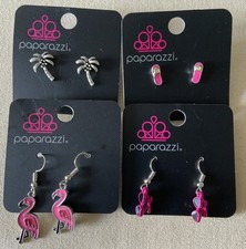 4 sets Tropical Paparazzi Earring Pierced Ears Silver Tone Pink Flamingo 4