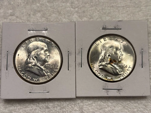 2 1961 P&D GEM Uncirculated Silver Benjamin Franklin Half Dollars... 1 Each Mint
