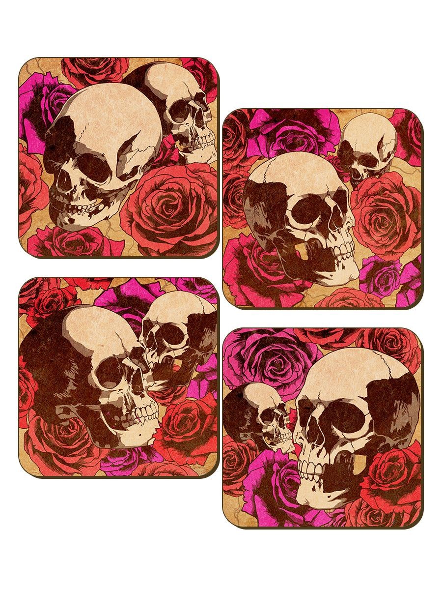 Coaster Set Floral Skulls 4 Piece Pink 9.5x9.5cm