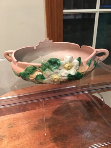 Vintage Roseville White Rose Art Pottery Dish 389-6 Double Handle 1940s