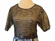 1970s Disco Lace Crop "Mullet" Top Black and Gold Lace