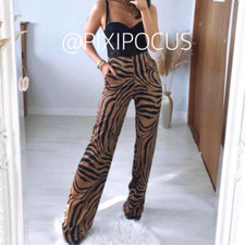 ZARA NEW HIGH-WAISTED SATIN WIDE LEGS PANTS ZEBRA PRINT TAUPE - SMALL