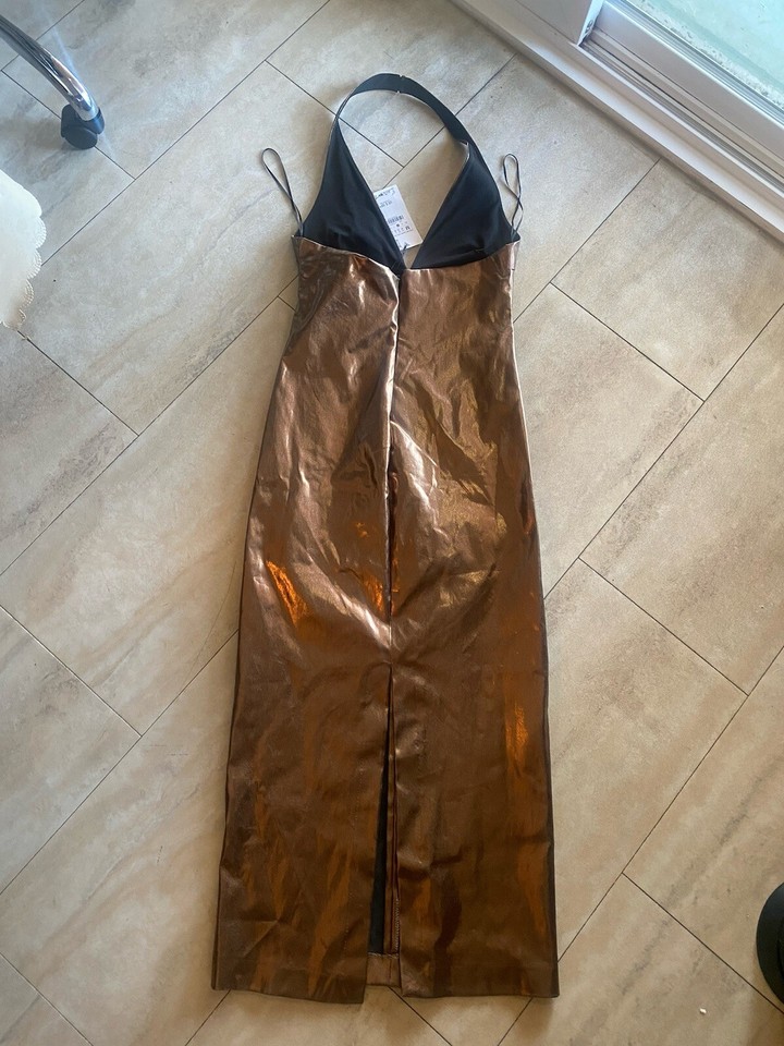 ZARA Dress Women Size Medium Bronze Metallic Halter Neck Sleeveless NWT