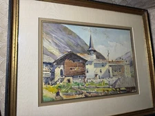 Lally 1938  "Home And Mountain Scene" Watercolor Painting -Signed And Framed
