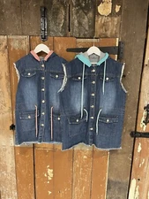 MehMeh Denim Waistcoat Vest Gilet With Rope Belt Hooded Sleeveless Size 31-32