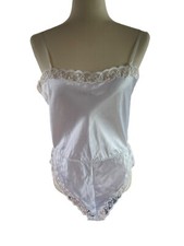 Vintage Prima French Bodysuit Lingerie Lace White Silky Size M Snap Crotch