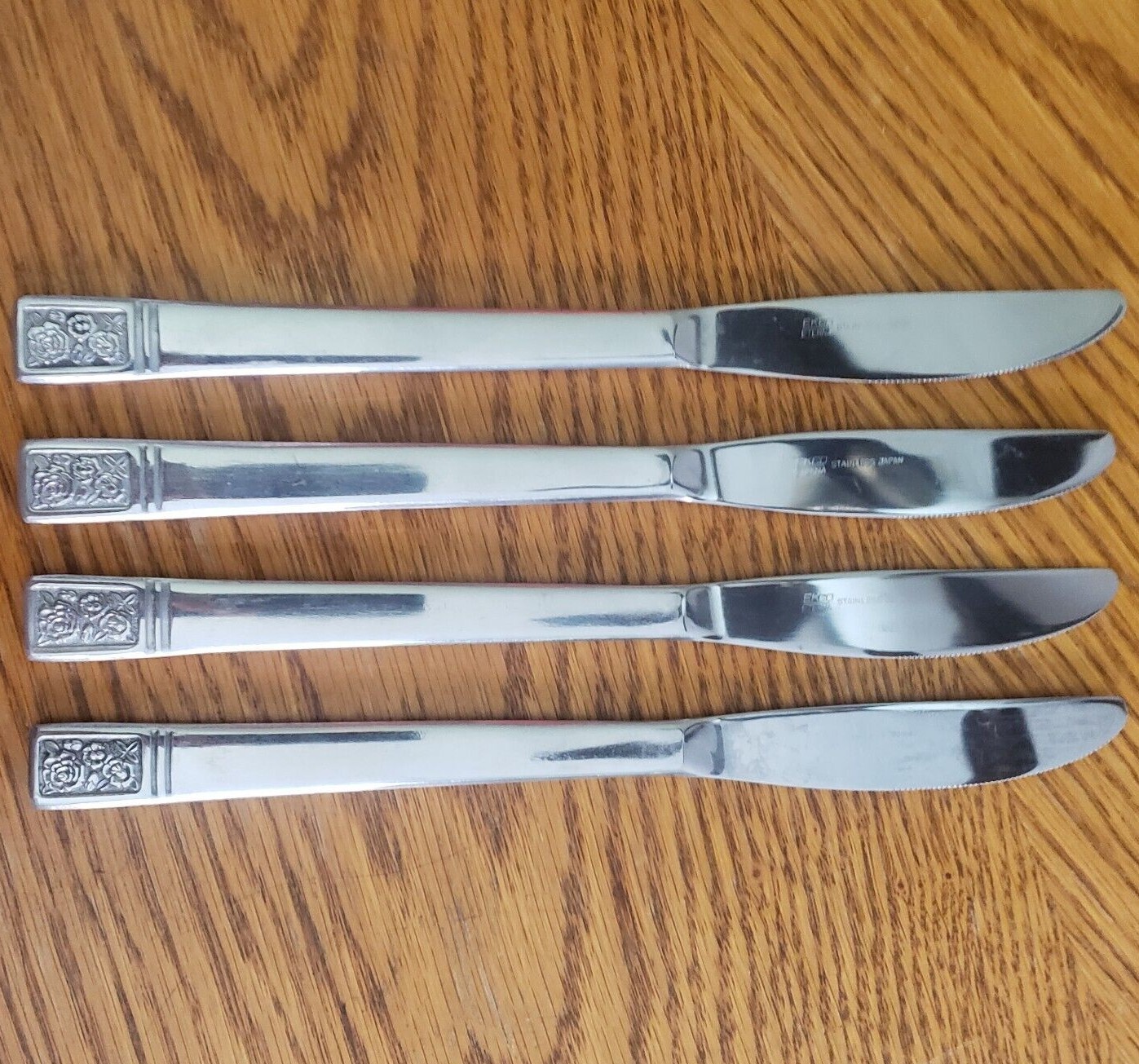 Ekco Eterna ROSE COTILLION Stainless Knives 4PC Set Flatware Flowers in Square