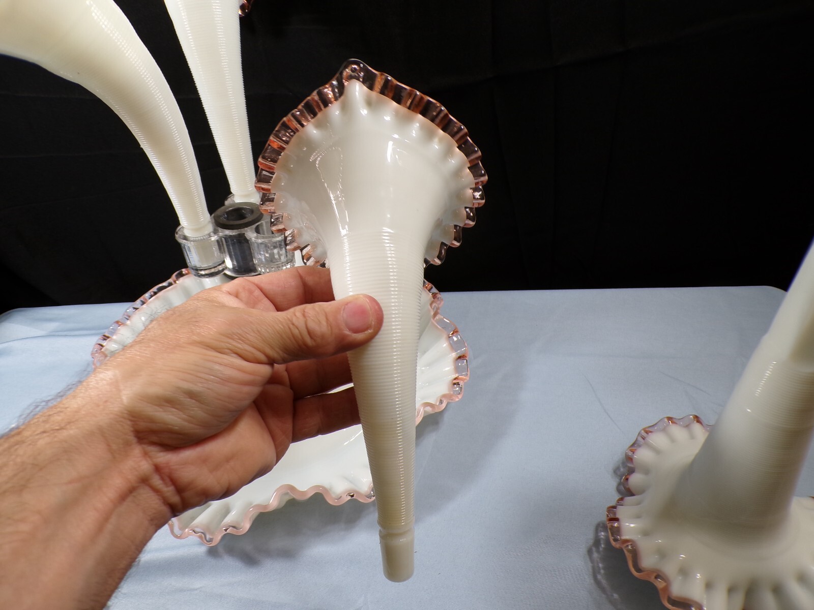 Fenton For L.G. Wright Milk Glass Pink Rose Crest Four 4 Horn Epergne