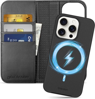 SHIELDON Case for iPhone 15 Pro, Genuine Leather Black - Detachable 