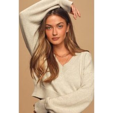 Lulus Just a Moment Light Beige V-Neck Cropped Sweater Size Large