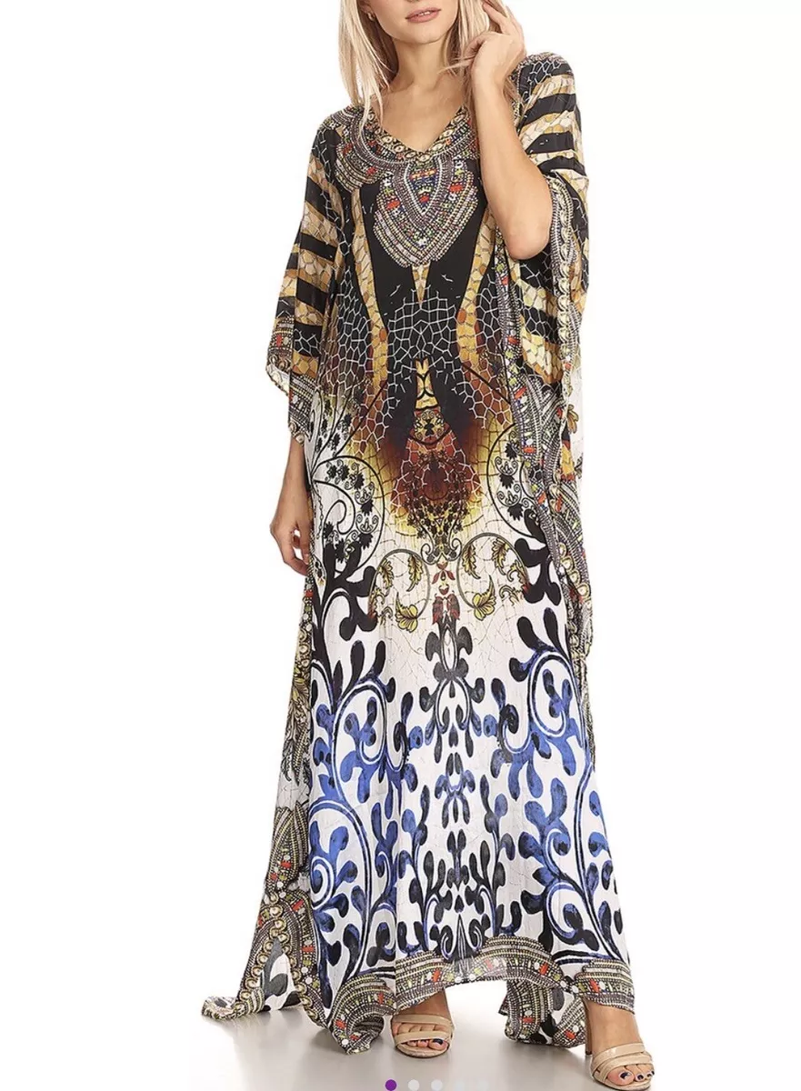 Sakkas Women s Brown And Black Geometric Maxi Caftan Kaftan eBay