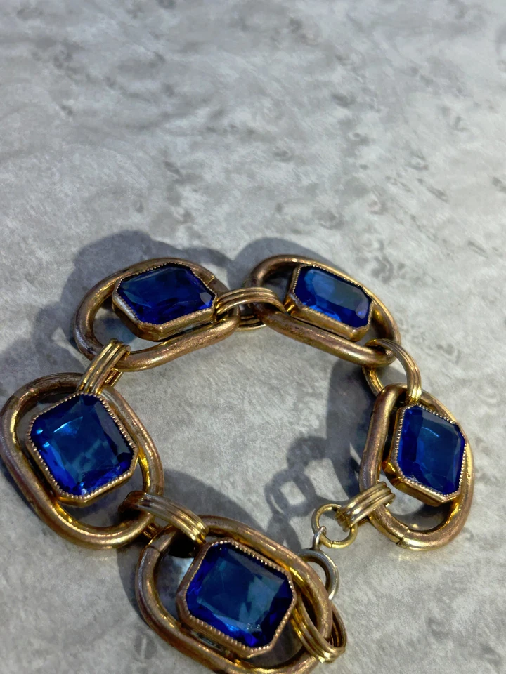 PULSERA VINTAGE LATÓN Y CRISTAL AZUL - PIEDRAS GRANDES 12MM LARGO Foto 3 de 4