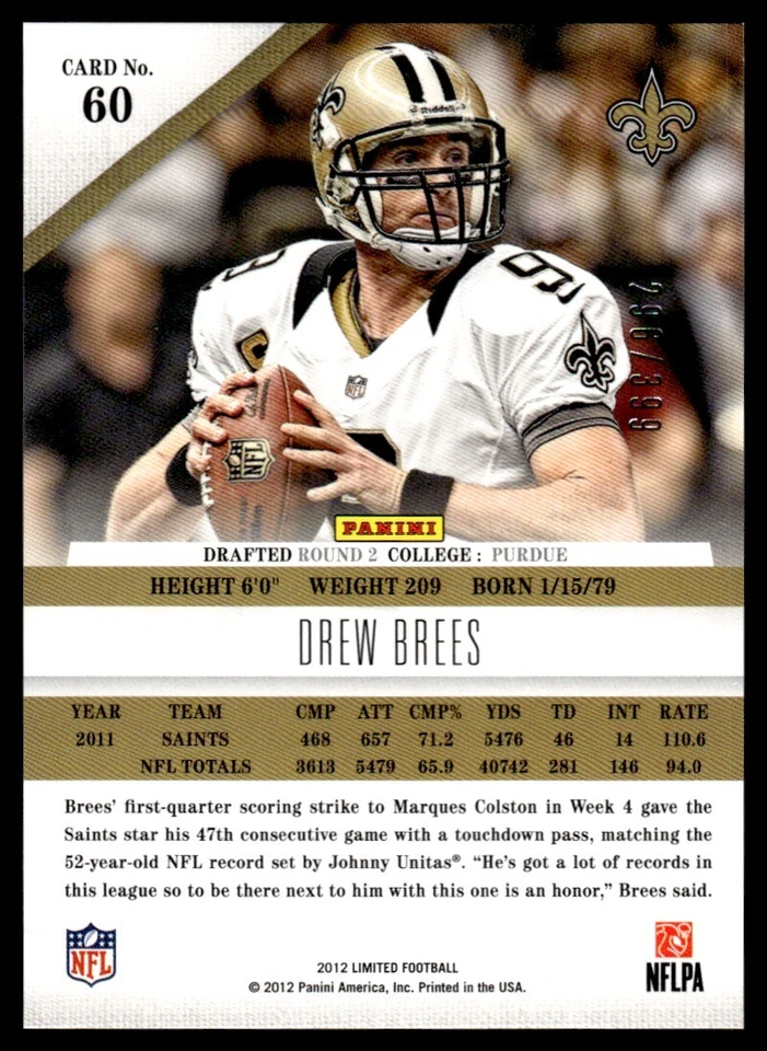 2012 Panini Limited Drew Brees /399 New Orleans Saints #60 - Image 2 of 2