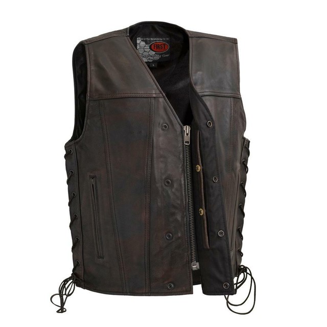 Men's Leather Motorcycle Club Vest With Two Concealed Carry Pockets Side Laces eBay