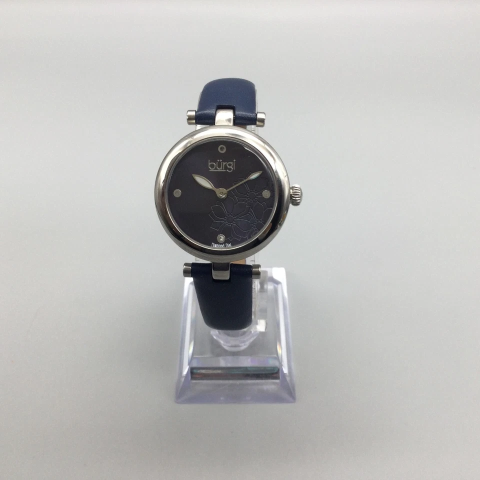 Relógio Burgi Feminino 31mm Tom Prata Azul Marinho Mostrador Floral Pulseira de Couro - Imagem 2 de 4