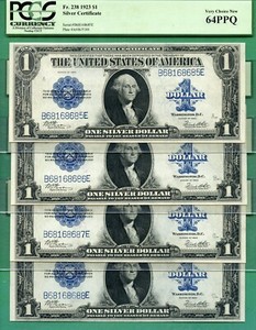 CUT SHEET - FOUR CONSECUTIVE - FANCY SERIALS - 1923 $1 SC - ALL PCGS CU 64 PPQ