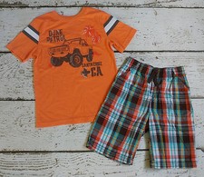 SONOMA JUMPING BEANS 7 Boys Orange Dune Buggy Tee and Plaid Shorts 7 7x DC-TT20