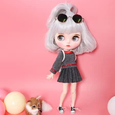 Blythe doll Dudu mouth makeup Grey white short hair from Factory Joint Body 12"
