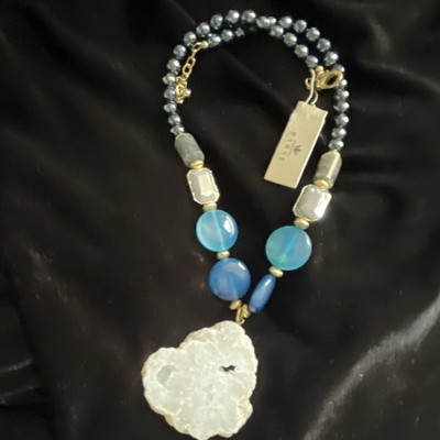 Barse Signed Blue Beaded Necklace w/ White Druzy/Geode-Style Charm Pendant