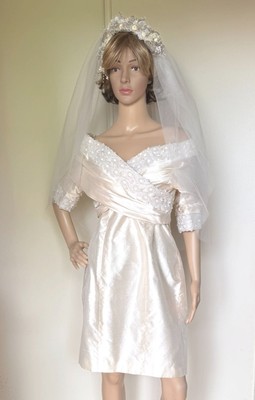 Vintage Watters and Watters Bridal Dress and Veil Set Size 12 Off Shoulder Silk