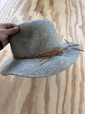 Gray 100 Wool Wide Brim Fedora Hat Braided Band Fringe Boho Western Rancher