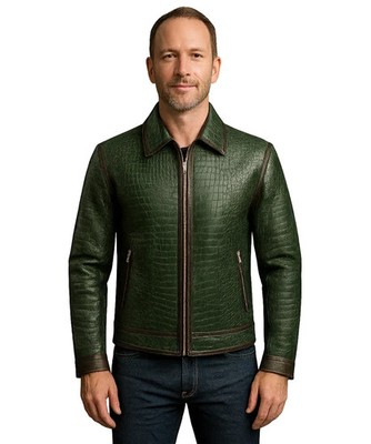 Men's Premium Green Alligator Leather Jacket Exotic Croco Pattern Designer Coat