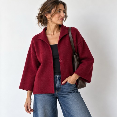 Eileen Fisher, Eileen Fisher Wool Cashmere Jacket M Burgundy Boiled Wool Cardigan Sweater