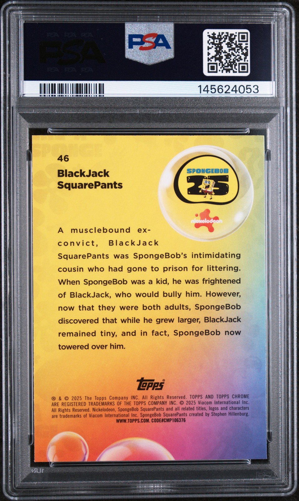 2025 TOPPS CHROME SPONGEBOB 25TH ANNIVERSARY BLACKJACK SQUAREPANTS 64/99 PSA 9 view 2